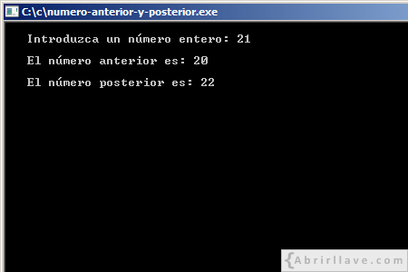 Visualización en pantalla del programa Número anterior y posterior, resuelto en lenguaje C.