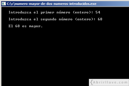 Visualización en pantalla del programa Número mayor de dos números introducidos, resuelto en lenguaje C.