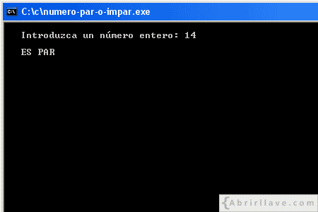 Visualización en pantalla del programa Número par o impar, resuelto en lenguaje C.