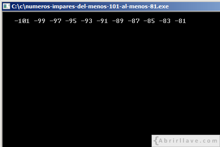 Visualización en pantalla del programa Números impares del -101 al -81, resuelto en lenguaje C.