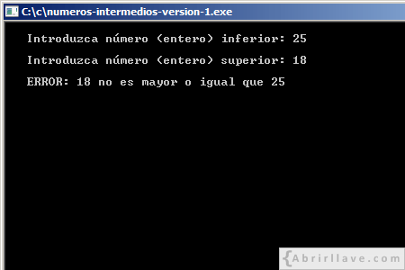 Visualización en pantalla del programa Números intermedios (Versión 1 - Entre dos números correctos), mostrándose el mensaje de error, resuelto en lenguaje C.