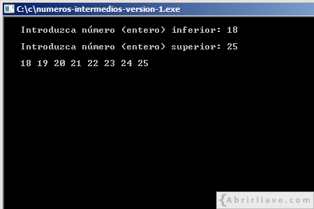 Visualización en pantalla del programa Números intermedios (Versión 1 - Entre dos números correctos), resuelto en lenguaje C.