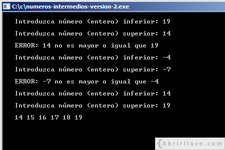 Visualización en pantalla del programa Números intermedios (Versión 2 - Validando número inferior y superior), resuelto en lenguaje C.