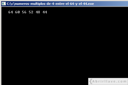 Visualización en pantalla del programa Números múltiplos de 4 entre el 64 y el 44, resuelto en lenguaje C.