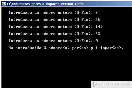 Visualización en pantalla del programa Números pares o impares (Versión 1 - Distintos de cero), resuelto en lenguaje C.