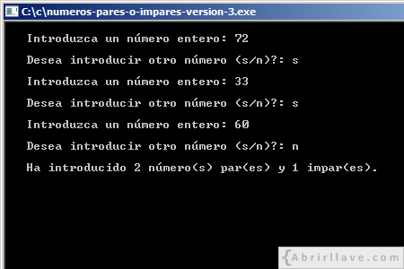 Visualización en pantalla del programa Números pares o impares (Versión 3 - Varios números), resuelto en lenguaje C.