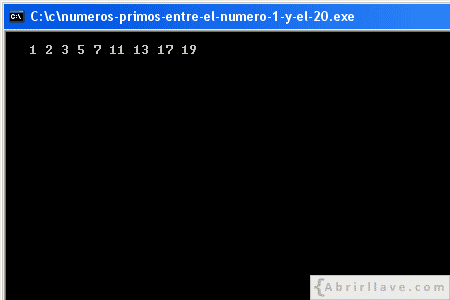 Visualización en pantalla del programa Números primos entre el número 1 y el 20, resuelto en lenguaje C.