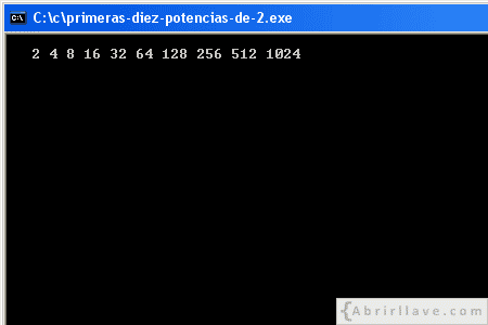 Visualización en pantalla del programa Primeras diez potencias de 2, resuelto en lenguaje C.