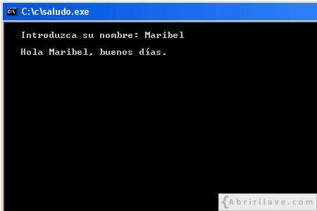 Visualización en pantalla del programa Saludo, resuelto en lenguaje C.