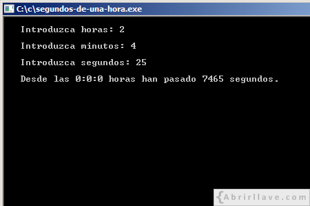 Visualización en pantalla del programa Segundos de una hora, resuelto en lenguaje C.