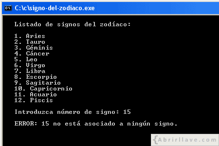 Visualización en pantalla del programa Signo del zodíaco, siendo incorrecto el número introducido, resuelto en lenguaje C.
