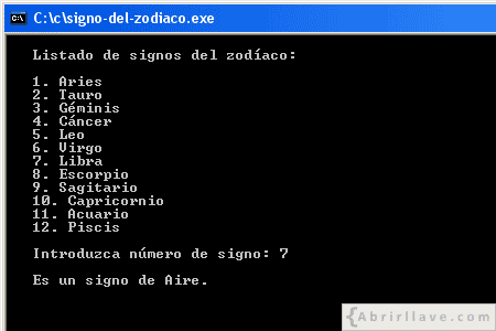 Visualización en pantalla del programa Signo del zodíaco, siendo Libra un signo de Aire, resuelto en lenguaje C.