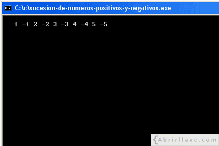 Visualización en pantalla del programa Sucesión de números positivos y negativos, resuelto en lenguaje C.