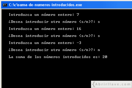 Visualización en pantalla del programa Suma de números introducidos, resuelto en lenguaje C.
