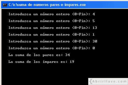 Visualización en pantalla del programa Suma de números pares e impares, resuelto en lenguaje C.
