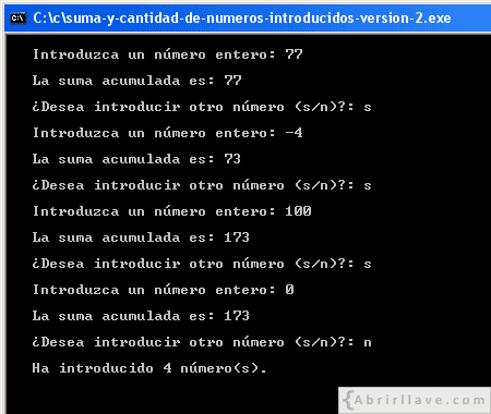 Visualización en pantalla del programa Suma y cantidad de números introducidos Versión 2, resuelto en lenguaje C.