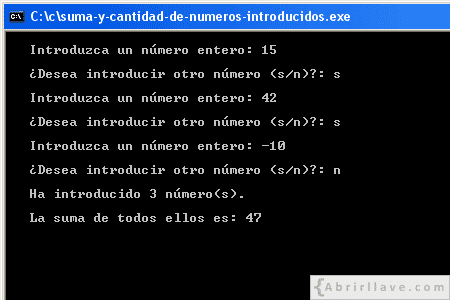 Visualización en pantalla del programa Suma y cantidad de números introducidos, resuelto en lenguaje C.