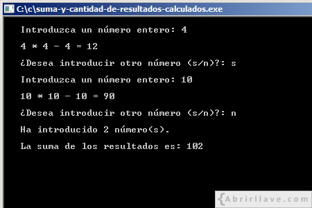 Visualización en pantalla del programa Suma y cantidad de resultados calculados, resuelto en lenguaje C.