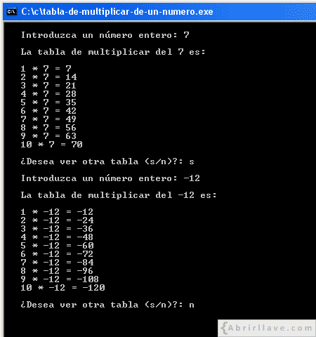 Visualización en pantalla del programa Tabla de multiplicar de un número, resuelto en lenguaje C.
