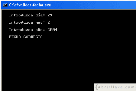Visualización en pantalla del programa Validar fecha, siendo esta correcta, resuelto en lenguaje C.