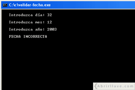 Visualización en pantalla del programa Validar fecha, siendo esta incorrecta, resuelto en lenguaje C.