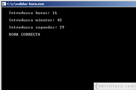 Visualización en pantalla del programa Validar hora, resuelto en lenguaje C.