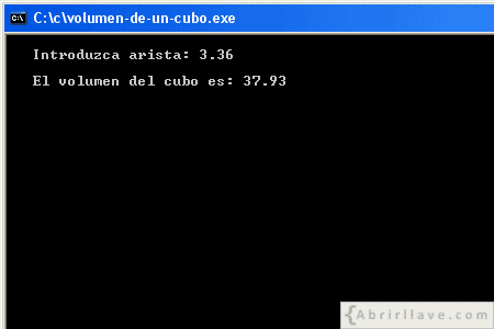 Visualización en pantalla del programa Volulmen de un cubo, resuelto en lenguaje C.