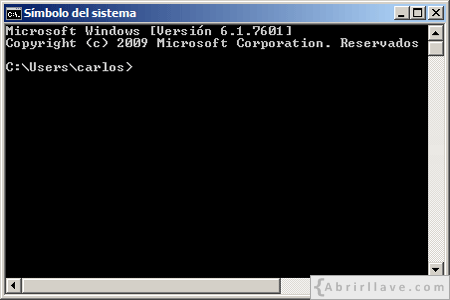 Ventana del Símbolo del sistema en Windows 7 - Ejemplo del tutorial de CMD de {Abrirllave.com