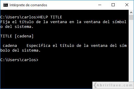 Uso de la orden HELP TITLE en la consola de Windows - Ejemplo del tutorial de CMD de {Abrirllave.com