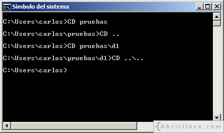 Ventana del Símbolo del sistema en Windows donde se muestra la ejecución de la orden CD para cambiar de directorio - Ejemplo del tutorial de CMD de {Abrirllave.com
