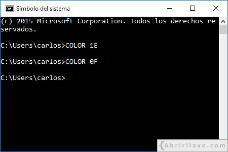 Uso de la orden COLOR 0F en la consola de Windows - Ejemplo del tutorial de CMD de {Abrirllave.com
