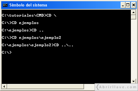 Ventana del Símbolo del sistema ejecutando el comando cd para ir al directorio raíz - Ejemplo del tutorial de CMD de {Abrirllave.com