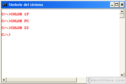 Ventana del Símbolo del sistema de color 22 - Ejemplo del tutorial de CMD de {Abrirllave.com
