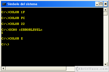 Ventana del Símbolo del sistema de color E - Ejemplo del tutorial de CMD de {Abrirllave.com