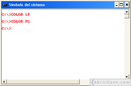 Ventana del Símbolo del sistema de color FC - Ejemplo del tutorial de CMD de {Abrirllave.com