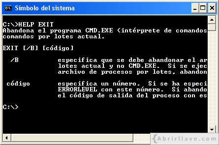 Ventana del Símbolo del sistema ejecutando help exit - Ejemplo del tutorial de CMD de {Abrirllave.com