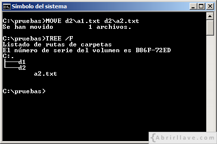 Ventana del Símbolo del sistema ejecutando el comando MOVE para cambiar el nombre de un archivo - Ejemplo del tutorial de CMD de {Abrirllave.com