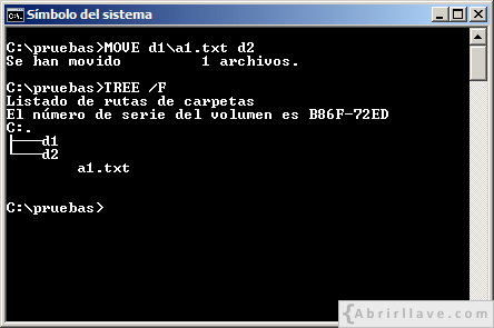 Ventana del Símbolo del sistema ejecutando el comando MOVE para mover un archivo de un directorio a otro- Ejemplo del tutorial de CMD de {Abrirllave.com