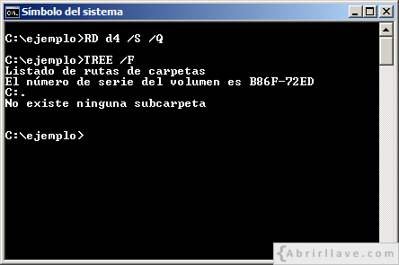 Ventana del Símbolo del sistema ejecutando el comando RD para eliminar un directio en modo silencioso - Ejemplo del tutorial de CMD de {Abrirllave.com