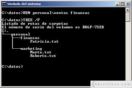 Ventana del Símbolo del sistema ejecutando el comando REN para cambiar el nombre de un directorio - Ejemplo del tutorial de CMD de {Abrirllave.com