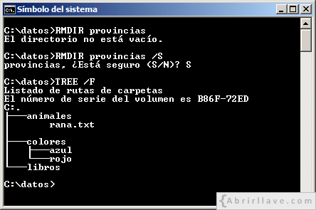 Ejemplo de uso del comando RMDIR para eliminar un directorio no vacío, en el tutorial de CMD de {Abrirllave.com