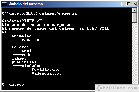 Ejemplo de uso del comando RMDIR donde se elimina un directorio vacío, en el tutorial de CMD de {Abrirllave.com