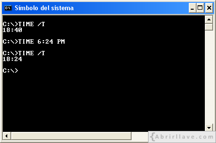 Ventana del Símbolo del sistema ejecutando time pasándole una hora nueva - Ejemplo del tutorial de CMD de {Abrirllave.com