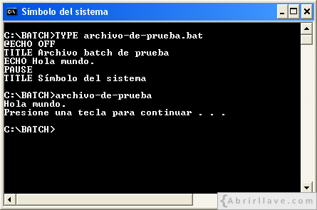 Ventana del Símbolo del sistema finalizando archvio batch de prueba - Ejemplo del tutorial de CMD de {Abrirllave.com