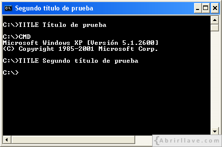 Ventana del Símbolo del sistema mostrando un segundo título de prueba - Ejemplo del tutorial de CMD de {Abrirllave.com