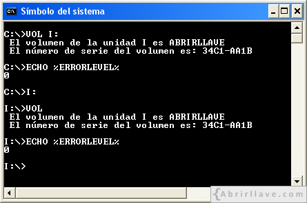 Ventana del Símbolo del sistema ejecutando vol de la unidad I - Ejemplo del tutorial de CMD de {Abrirllave.com