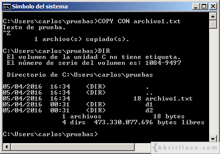 Ventana del Símbolo del sistema en Windows donde se muestra cómo crear un archivo utilizando el comando COPY - Ejemplo del tutorial de CMD de {Abrirllave.com