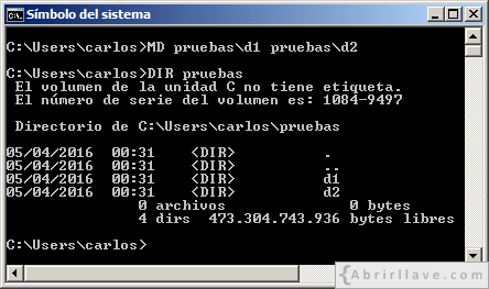 Ventana del Símbolo del sistema en Windows donde se muestra la ejecución de la orden MD para crear los directorios d1 y d2 - Ejemplo del tutorial de CMD de {Abrirllave.com