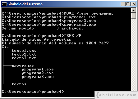 Ventana del Símbolo del sistema en Windows donde se muestra cómo utilizar el comodín asterico con MOVE - Ejemplo del tutorial de CMD de {Abrirllave.com