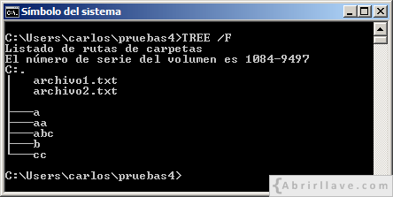 Ventana del Símbolo del sistema en Windows donde se muestra una estructura de archivos y directorios para practicar con el comodín asterisco al hacer un DIR - Ejemplo del tutorial de CMD de {Abrirllave.com